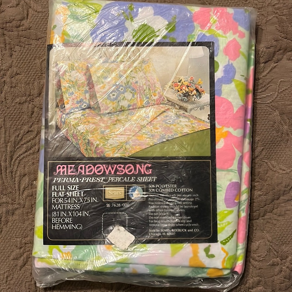 Vintage Sears Sheet “Meadowsong” full size flat sheet In original package